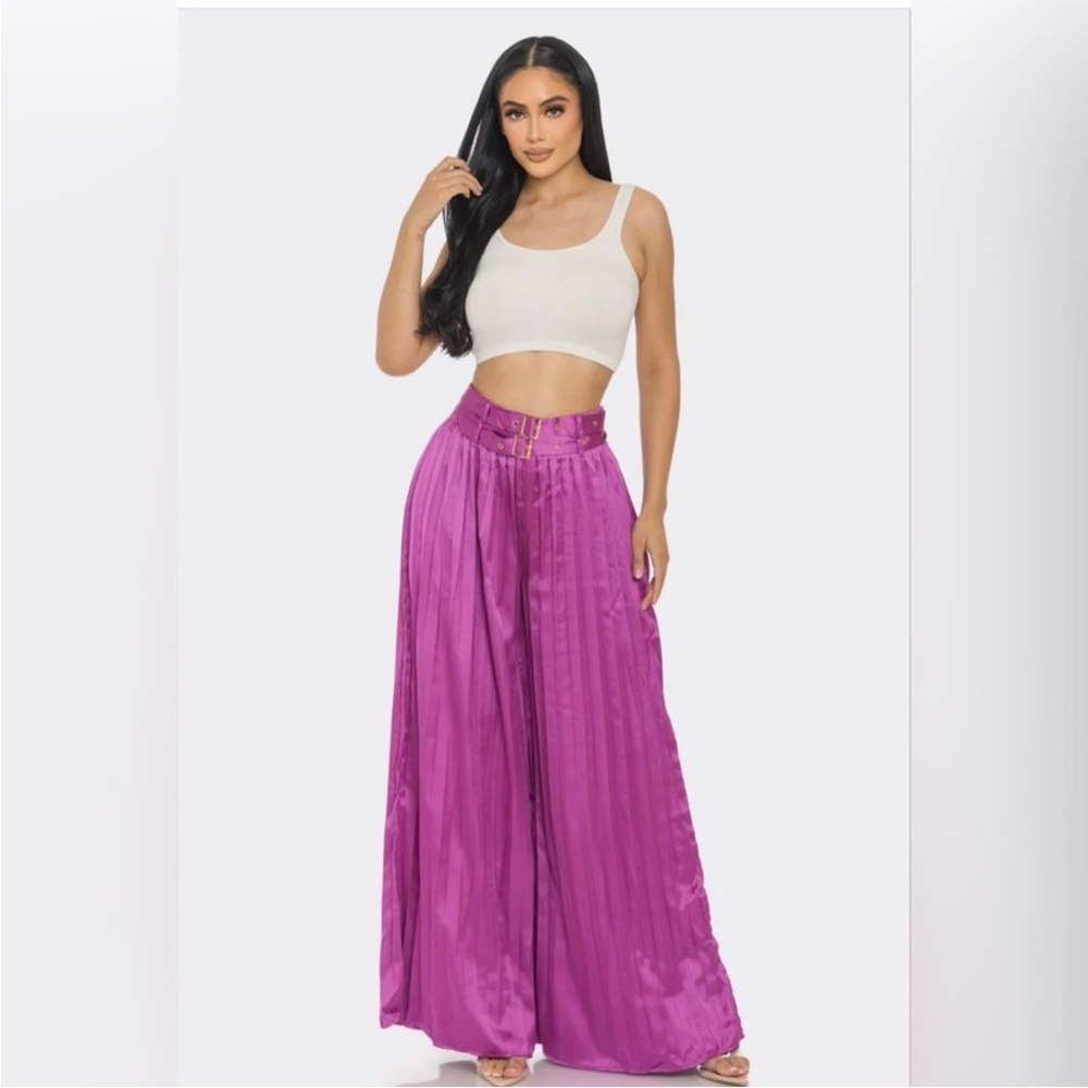 NWT! Elegant Purple Women's Wide-Leg With Belt High Waist Pants - Picture 2 of 4
